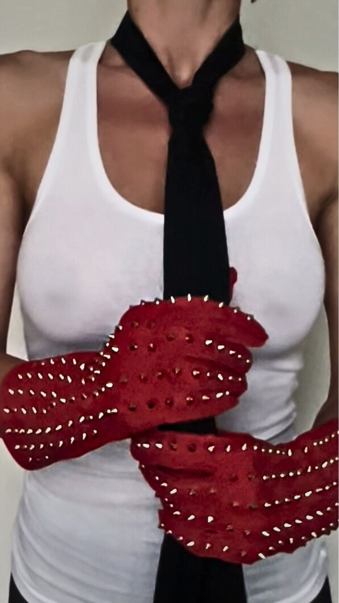 Marion red suede studded gloves, silk-lined