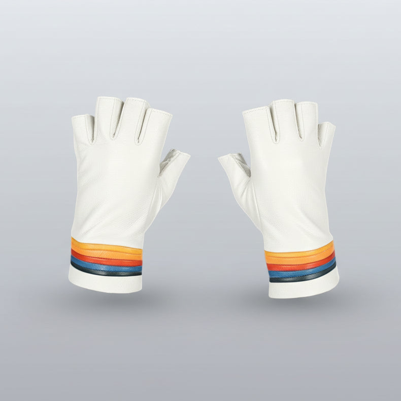 Pair of white fingerless gloves with colorful stripes on a gray background